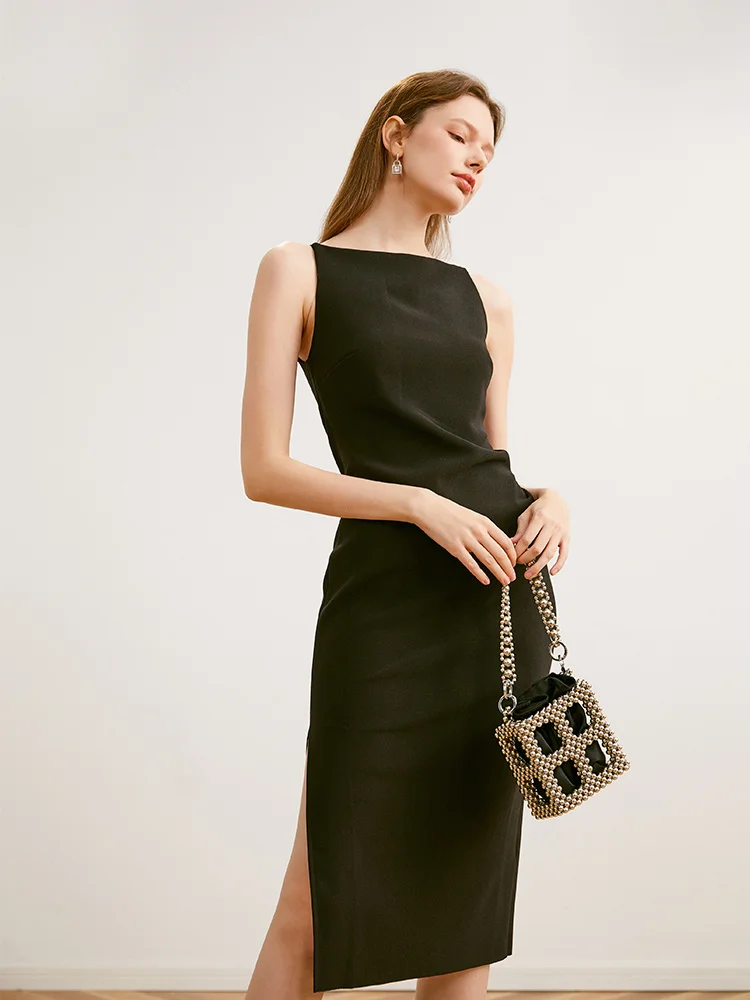 

Orange French One Line Neck Acetic Acid Dress for Women Early Spring High Grade Pleated Slim Fit Split Skirt Black Skirt