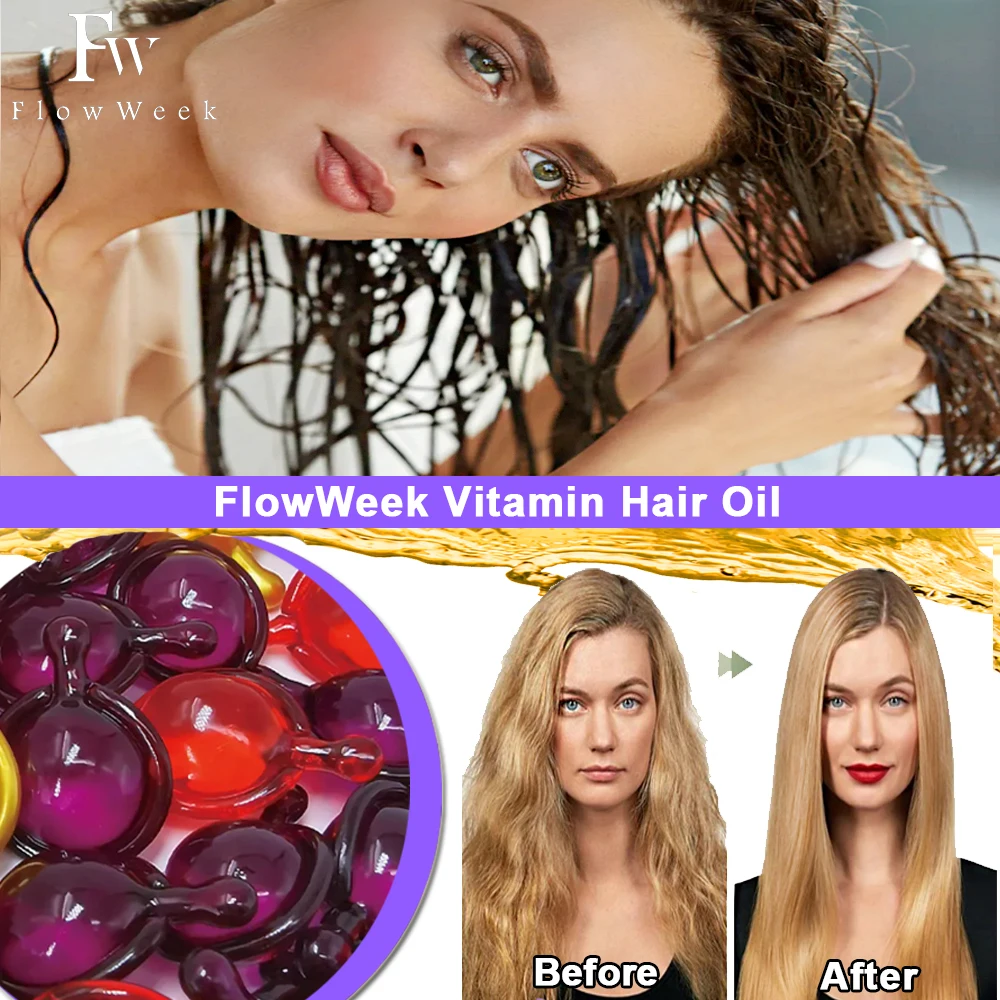 FlowWeek Hair Vitamin Capsule Smooth Silky Hair Mask Keratin Complex Oil Repair Curl Damaged Dry Serum Oil Care Hair Mask Hair Vitamin Capsule Hair Essence Oil Hair Oil