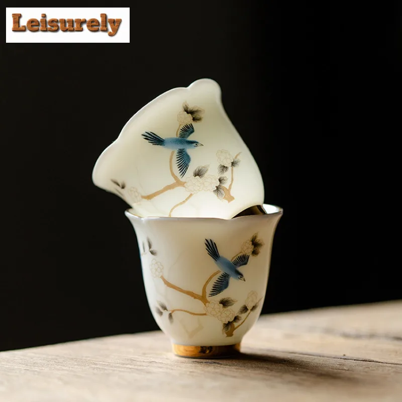 35ml Chinese Mutton-fat Jade White Porcelain Tea Cup Handmade Flower And Flower Tea Bowl Teaset Master Cup Travel Meditation Cup