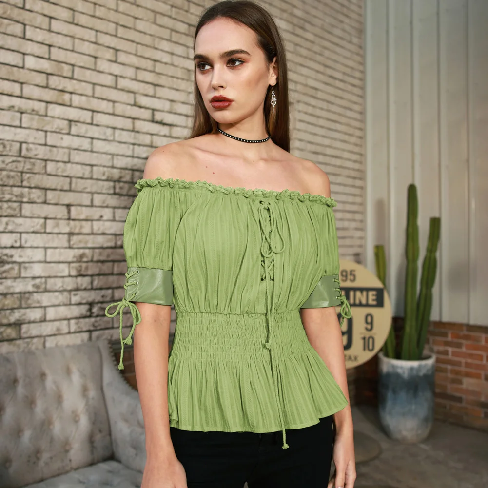 

BP Sexy Women's Vintage Retro Steampunk Victorian Half Sleeve Off Shoulder Tops Lady Fashion Casual Blouse Lace Up Tops Outwear