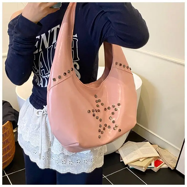 Y2k Grunge Star Beading Red Underarm Bag Women Rivet Leather Large Capacity Handbag Hobos Bag Ladies Casual Shoulder Bags New
