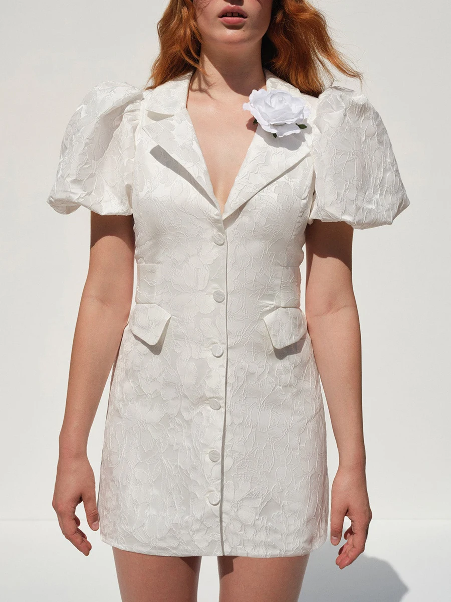

Women's Blazer Mini Dress Short Puff Sleeve Lapel Collar Button Down Jacquard Dress for Cocktail Party
