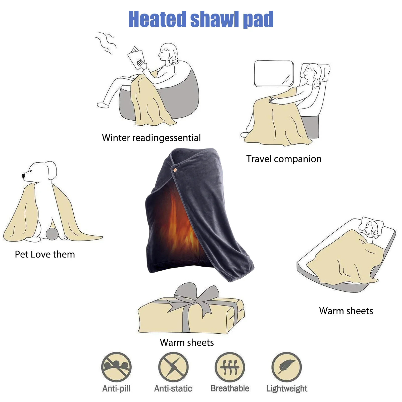 Fleece Heated Poncho Wearable Electric Heated Blankets USB Powered