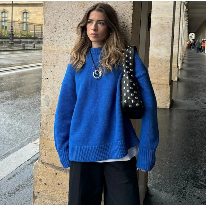 Suéteres casuales de punto con cuello redondo para mujer, suéter retro para adictos al trabajo, suéter femenino elegante de otoño, prendas de punto sencillas de calle