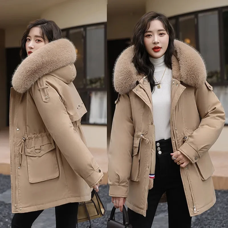 2023 Winter New Women Cotton Jacket Female Fashion Fur Collar Hooded Mid-Length Outwear Thicken Warm Casual Fur Lining Parkas
