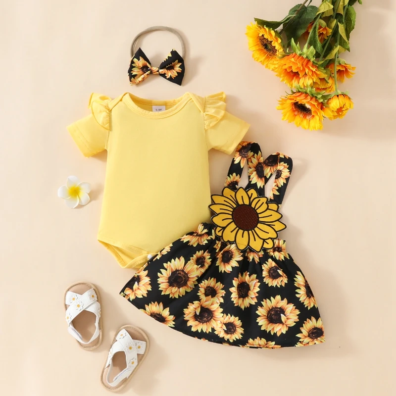 

Baby Girls Spring Outfits Short Sleeve Romper + Sunflower Suspender Skirt + Headband Set Newborn 3 Piece Clothes