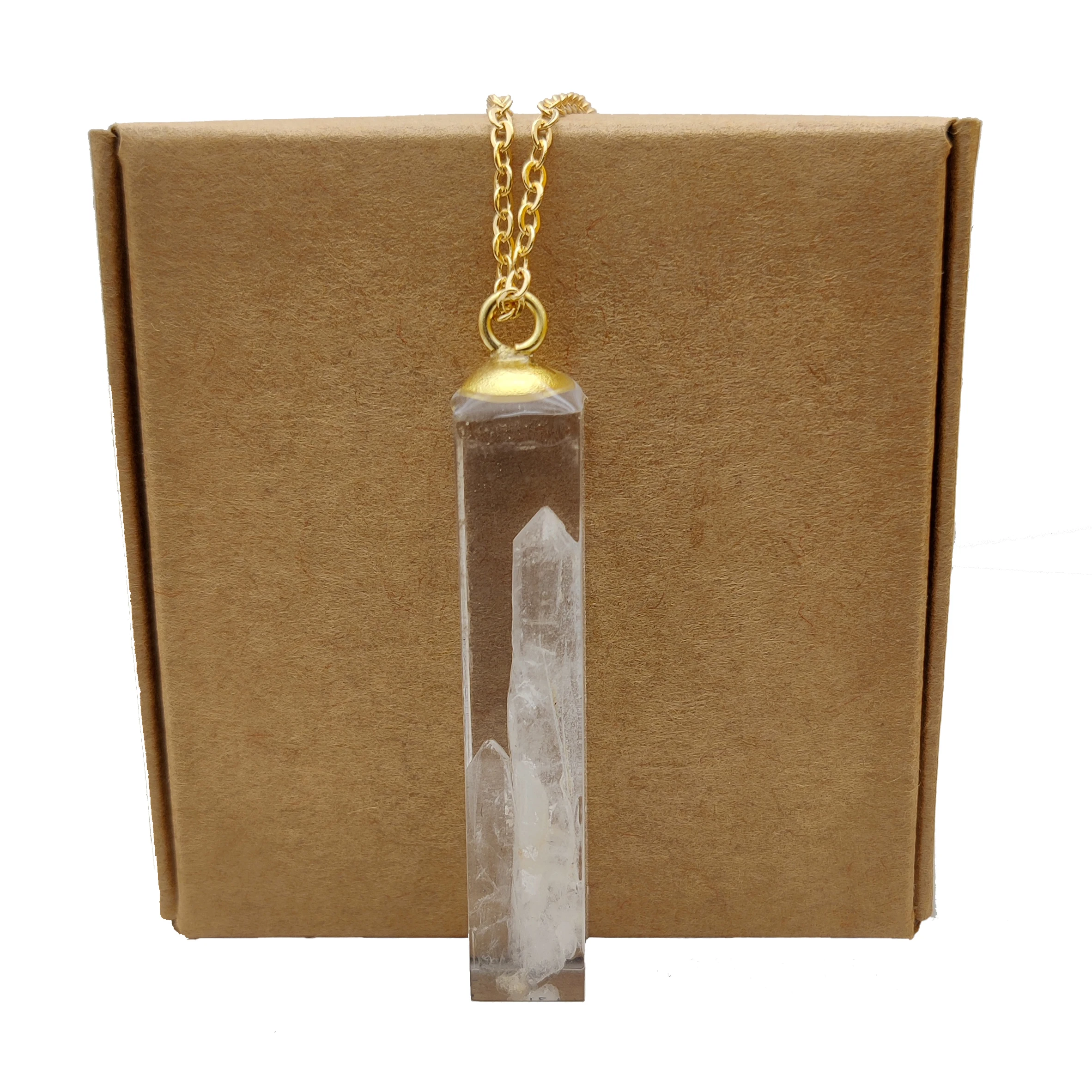 

Clear Quartz Crystal Clusters Natural Stone Cube Resin Gold Color Pendant Chain Long Necklace Women Fashion Jewelry Handmade