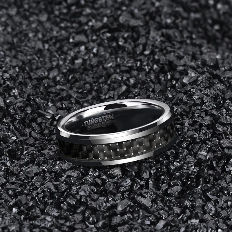 Tigrade 6/8mm Black Carbon Fiber Men's Ring Tungsten Carbide Engagement Ring Wedding Band Men Women Design anel mascul 4