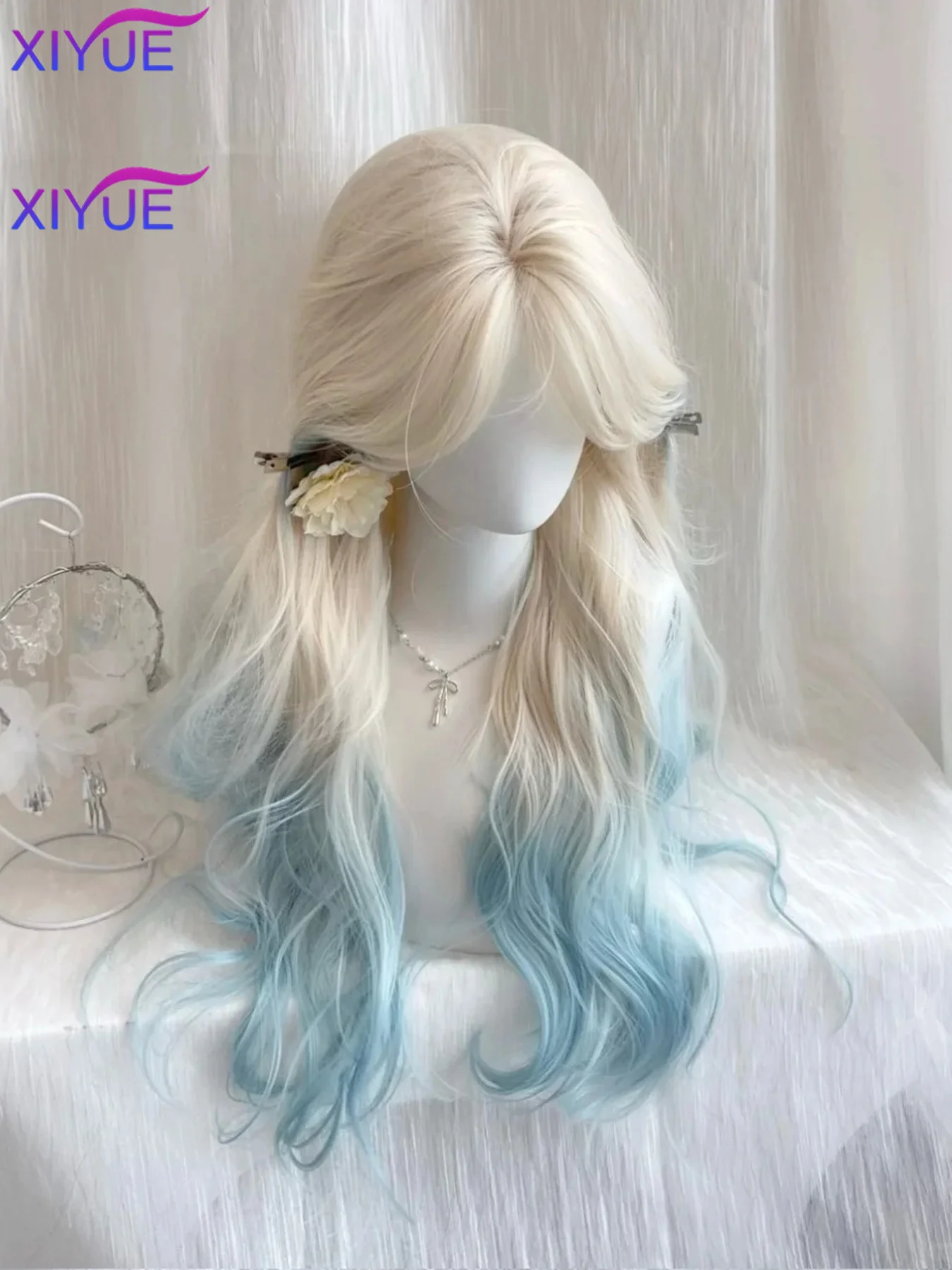 Long Wavy powder Blonde Synthetic Wigs with Bangs for Women Natural Wave Cosplay Party Daily Use Hair Wigs Heat Resistant