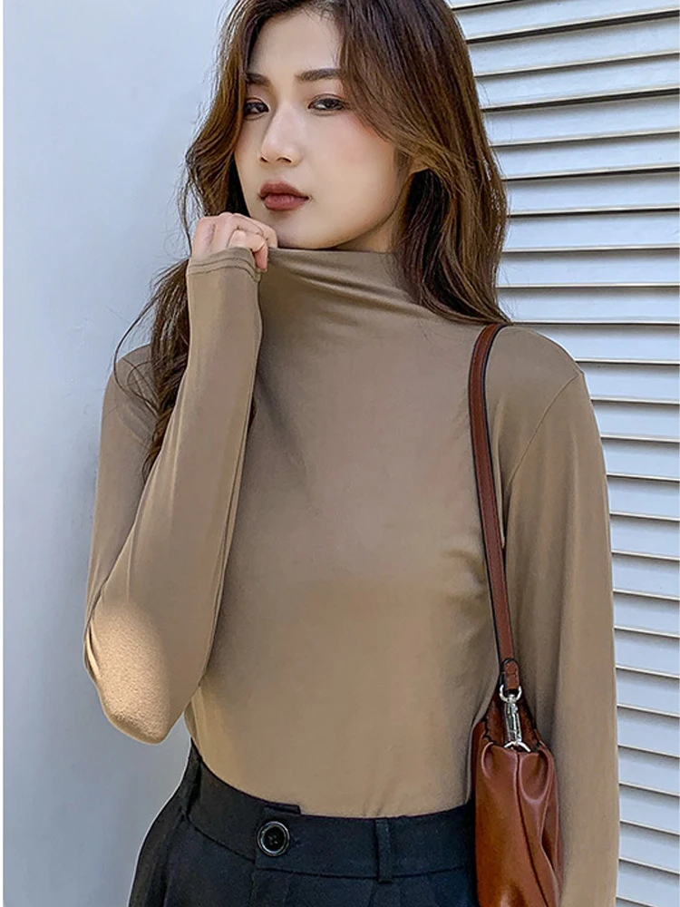 Black Half high Collar Long Sleeve Modal Base Shirt for Spring Autumn