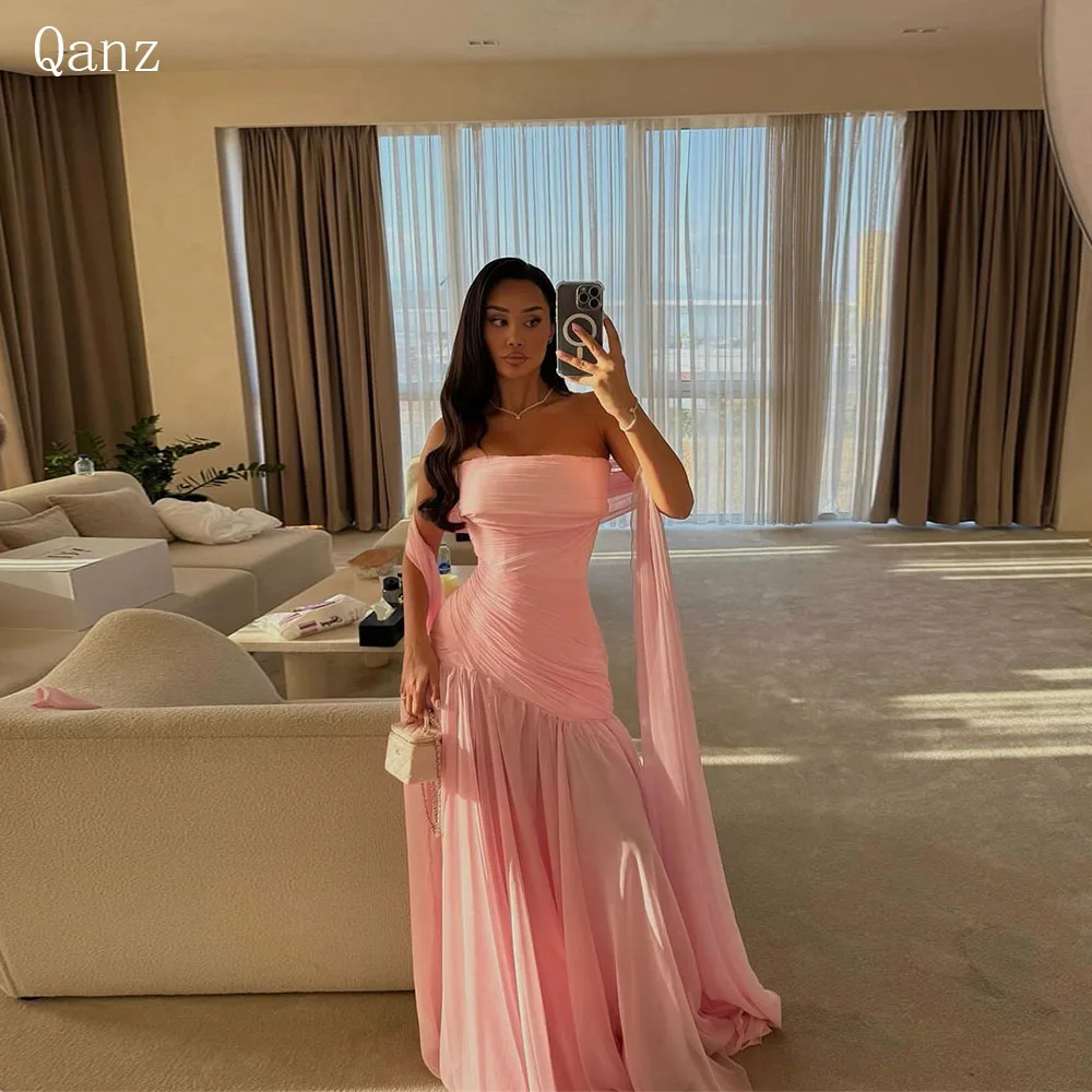 Qanz Dubai Chiffon Prom Dress Strapless Pink Formal Dresses Woman Ribbons  Long A Line Pleat Evening Party Gowns Customized - AliExpress 320