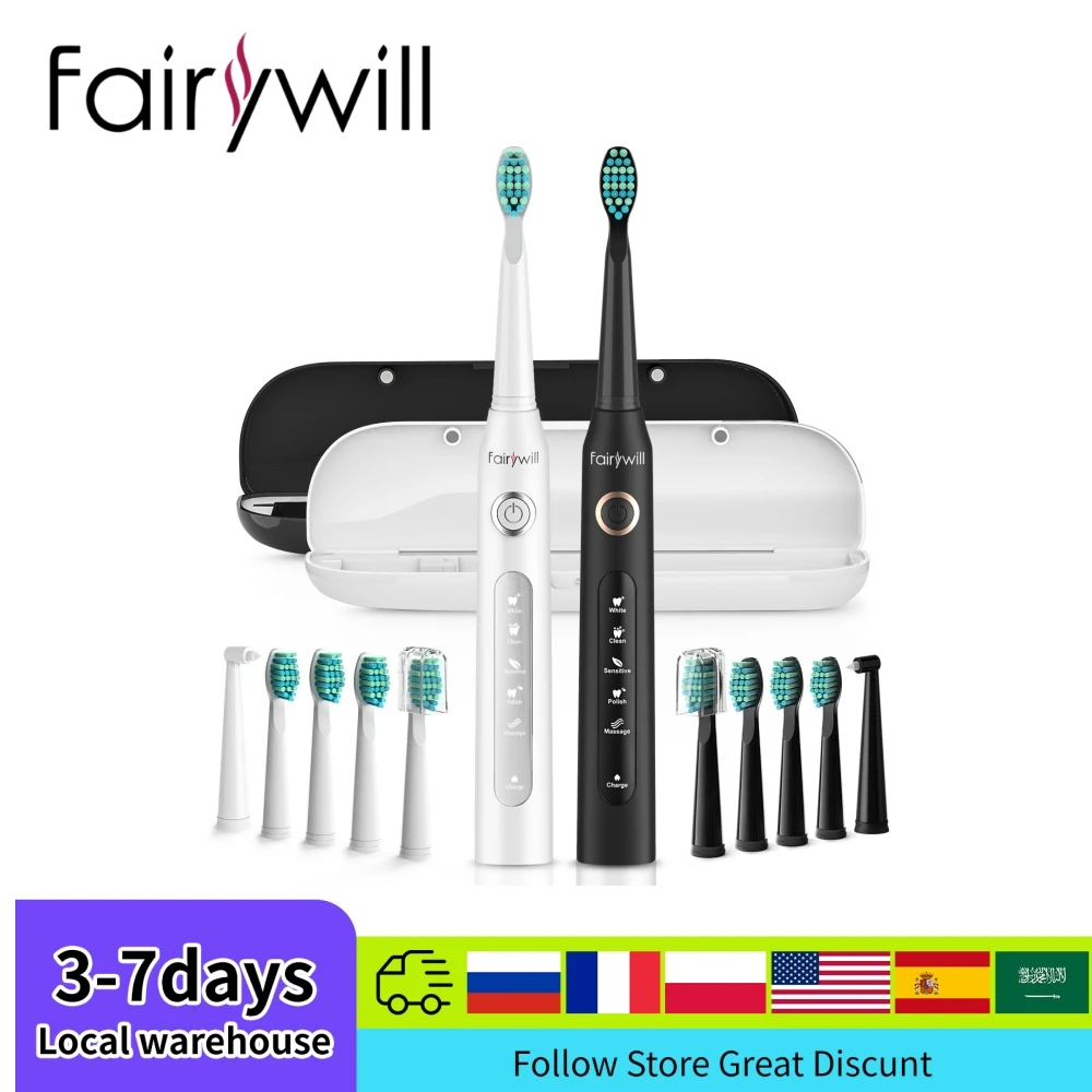 Fairywill 소닉 전동 칫솔 울트라 소닉 고속 USB 충전기 방수 IPX7 5 모드 Fairywill FW-507 3개 브러시 ..