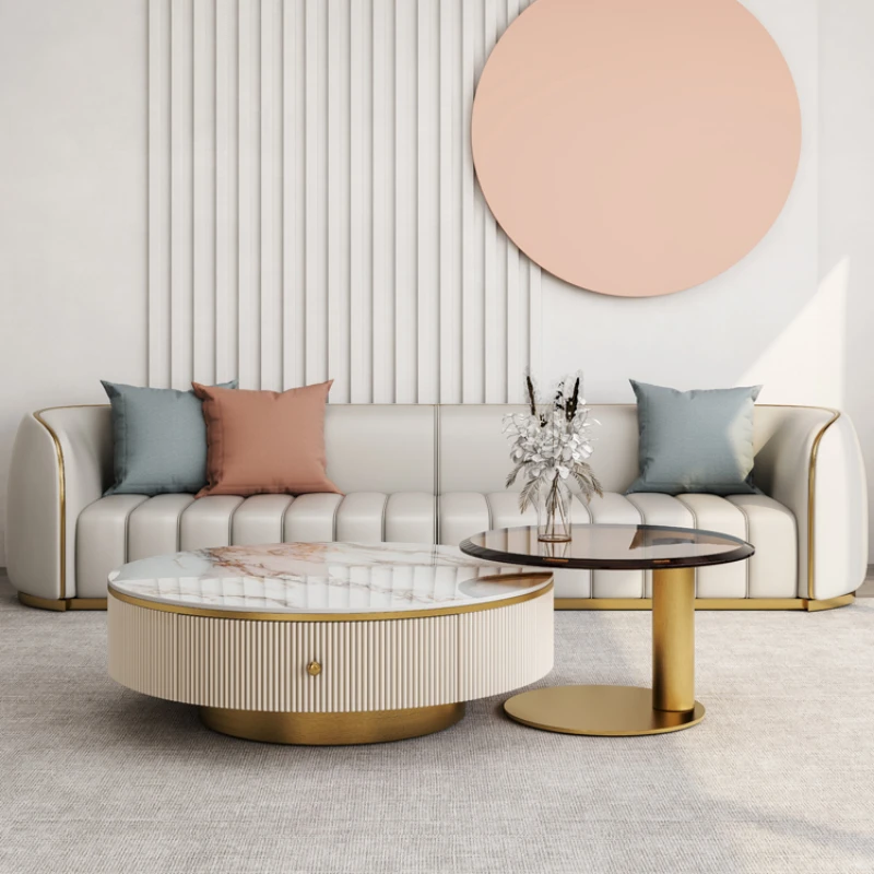 

Light Luxury Rock Plate Tea Table Combination Circular Household Living Room Tempered Glass Tea Table