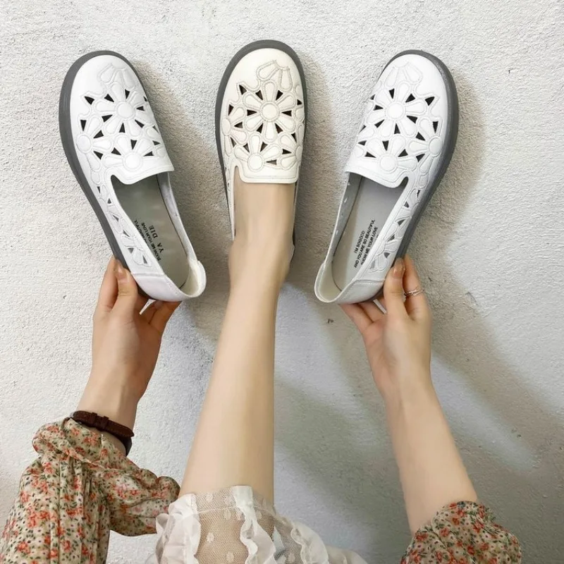 

2023 Women Sneakers Real Leather Fashion Hollow Out Loafers Summer Woman Slip on Casual Daily Lady Footwear Plus Size 35-41