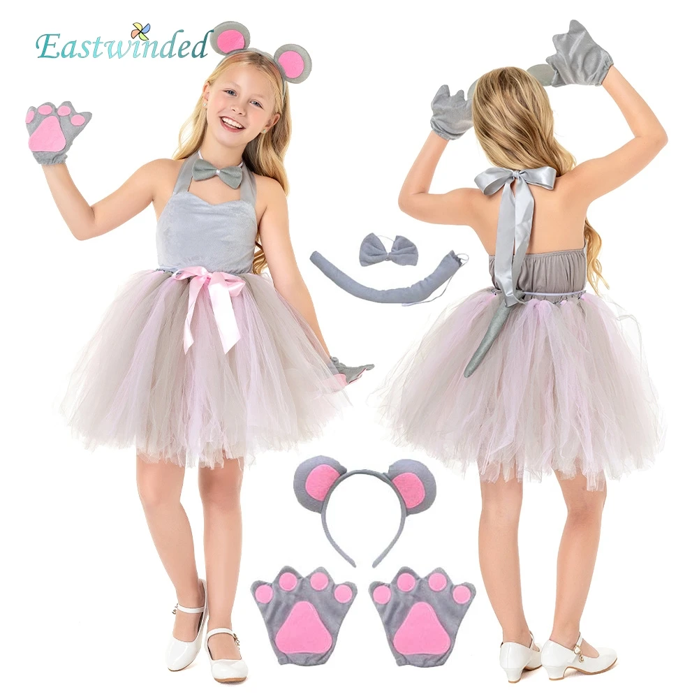 Kids Girls Mouse Cosplay Tutu Dress Tail Gloves Stage Performance Dance Skirts Costume Halloween Party Cartoon Disguise Outfits