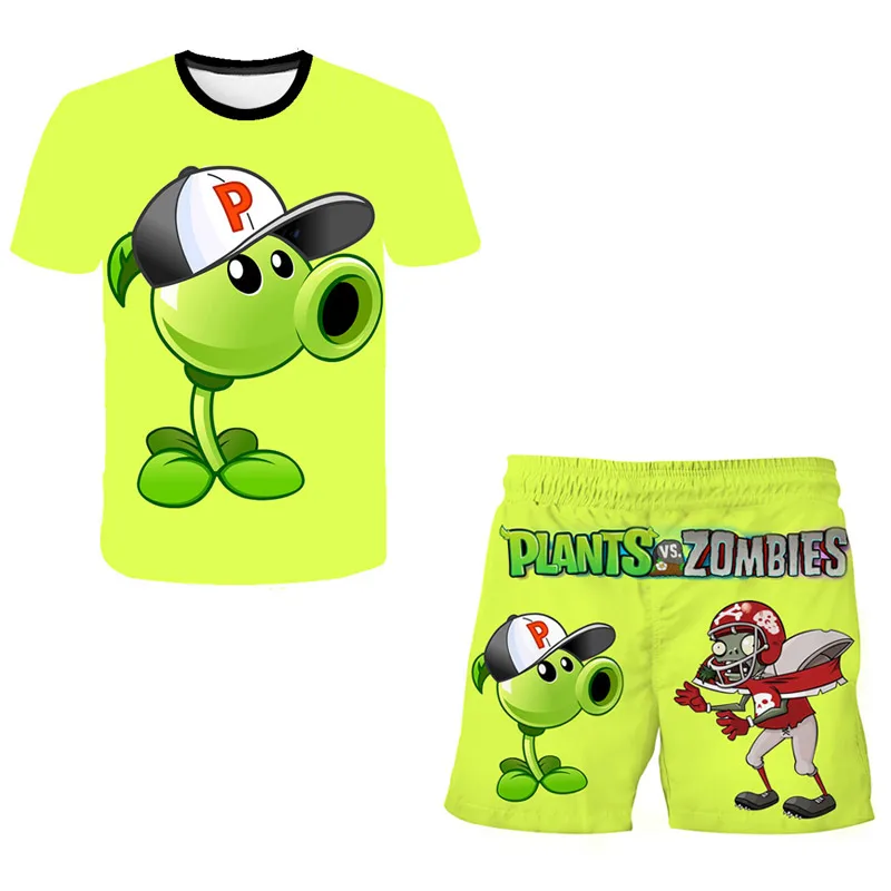 3-14-Year-Old Boys And Girls Plant VS Zombie 3D Print T-Shirt Set Fashion Sports Top + Shorts 2-Piece |