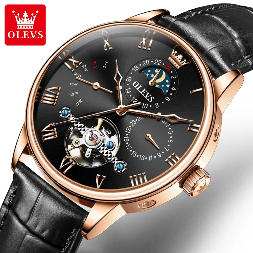 OLEVS Original Skeleton Mechanical Watch for Men Leather Strap Luxury Top Brand Moon Phase Waterproof Automatic Men's Wristwatch