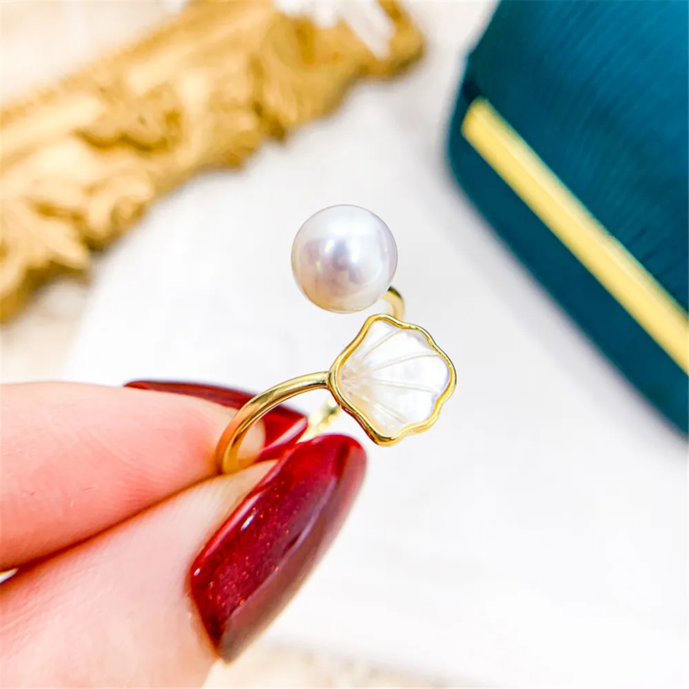 

Shell Pearl Ring Empty Holder Adjustable DIY Pearl Accessories S925 Sterling Silver Jewelry Fit 7-9mm Beads