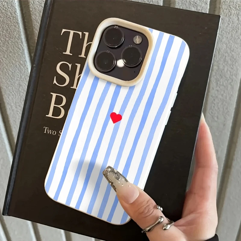 Minimalist Blue and White Striped Heart Pattern Phone Case