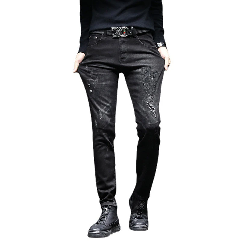 EH · MD® Heavy Industry Embroidered Jeans Men's Rose Double Crane Crane Chinese Style Slim Small Foot Stretch Youth Long Pants