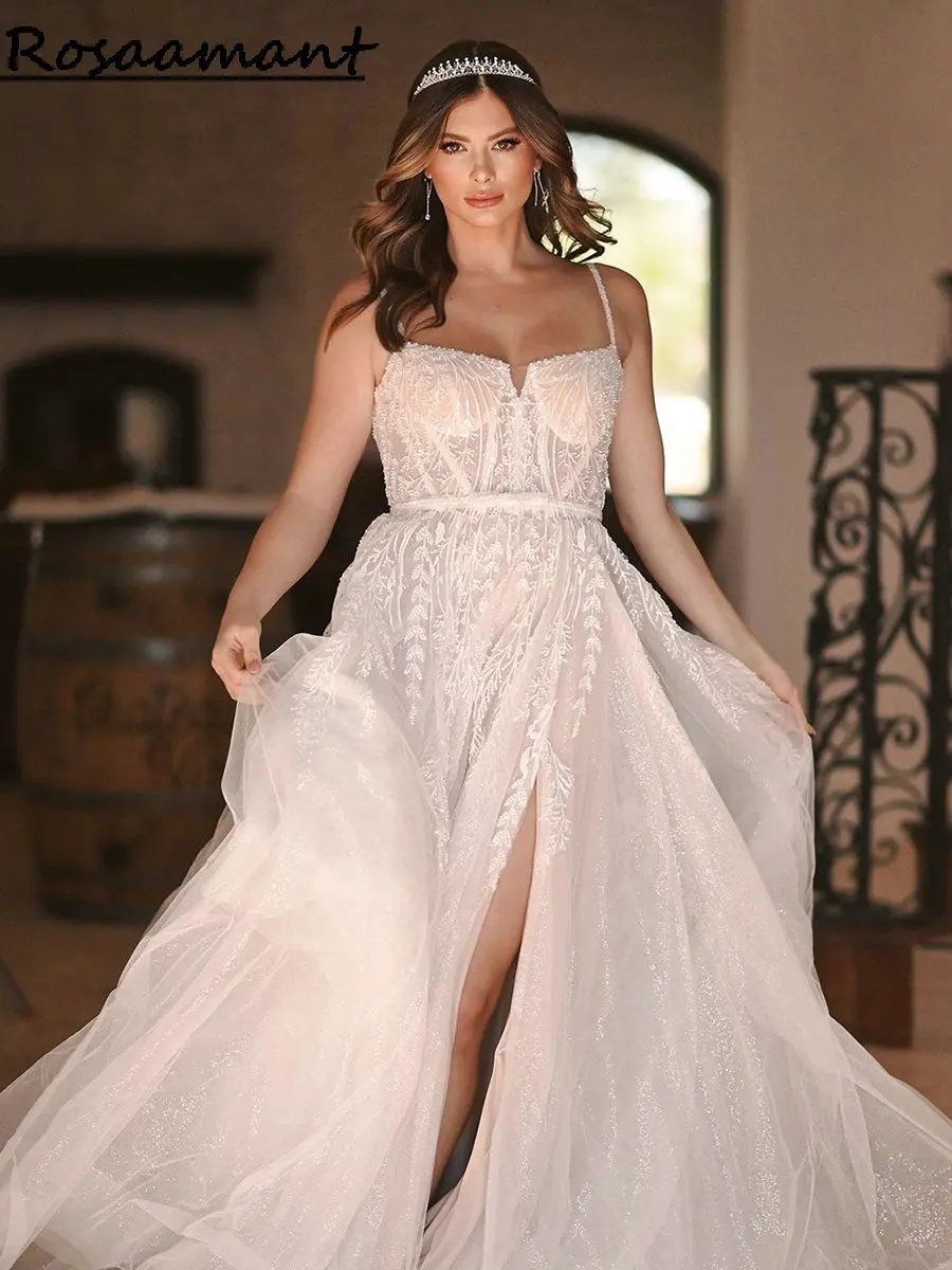 

Glitter Crystal High Split Backless A-line Wedding Dresses Spaghetti Straps Appliques Lace Bridal Gowns Robe De Mariée