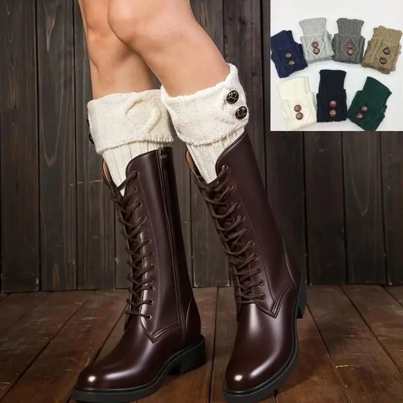 1 Pairs Autumn Winter Women's Short Rhombus Flip 2 Button Foot Warmer Knitted Fabric Socks Fashion Boot Cover Leg Warmers