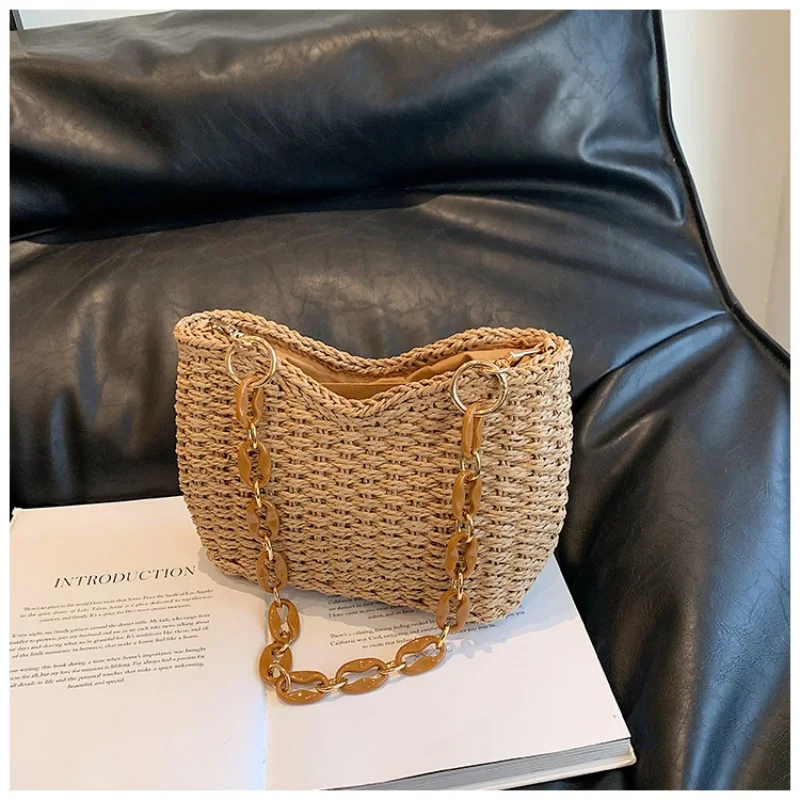 حقيبة يد نسائية صيفية عادية منسوجة يدويًا مع سلسلة...