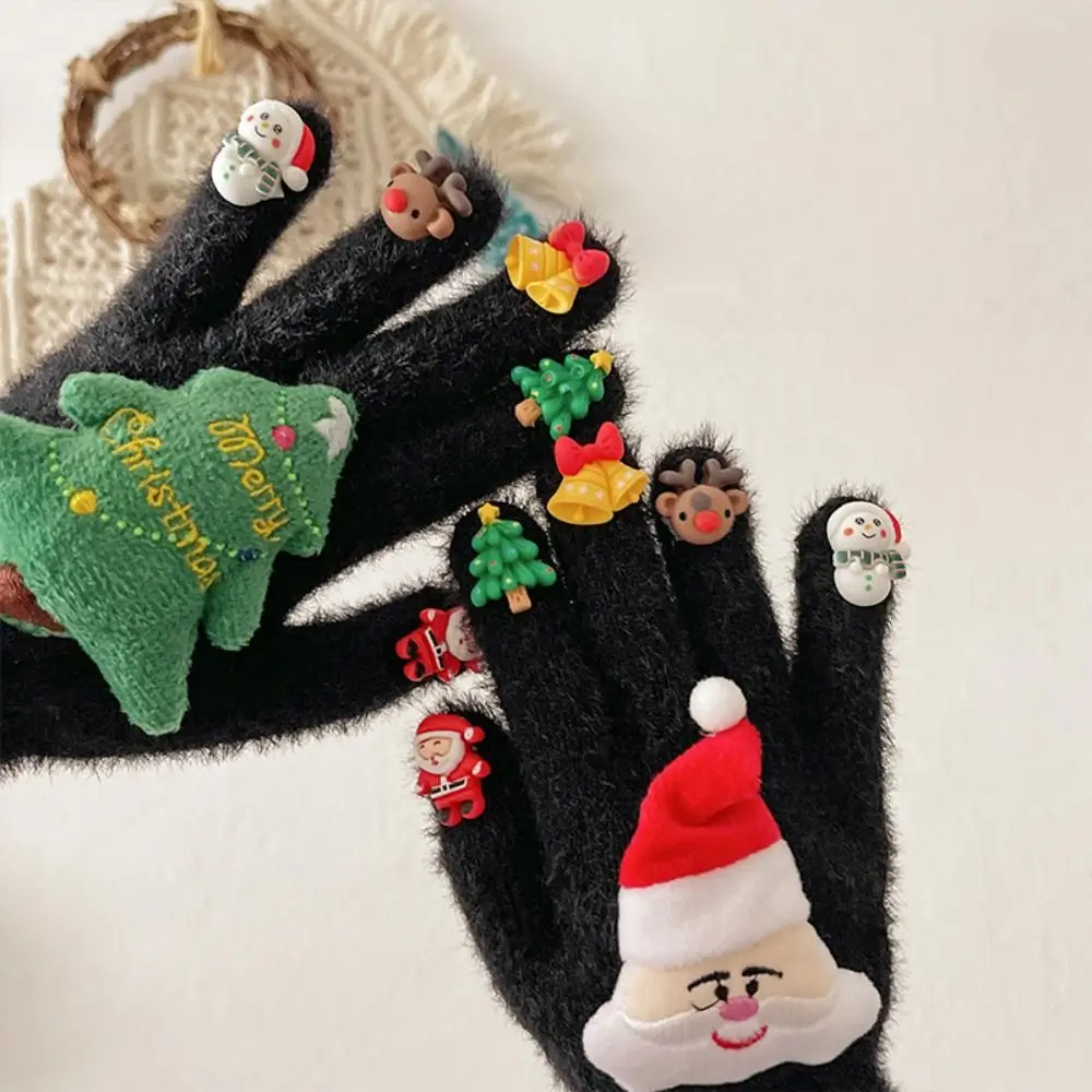 Cute Cartoon Christmas Gloves Thicken Knitted Five Finger Gloves Snowman Pattern Funny Gloves New Year