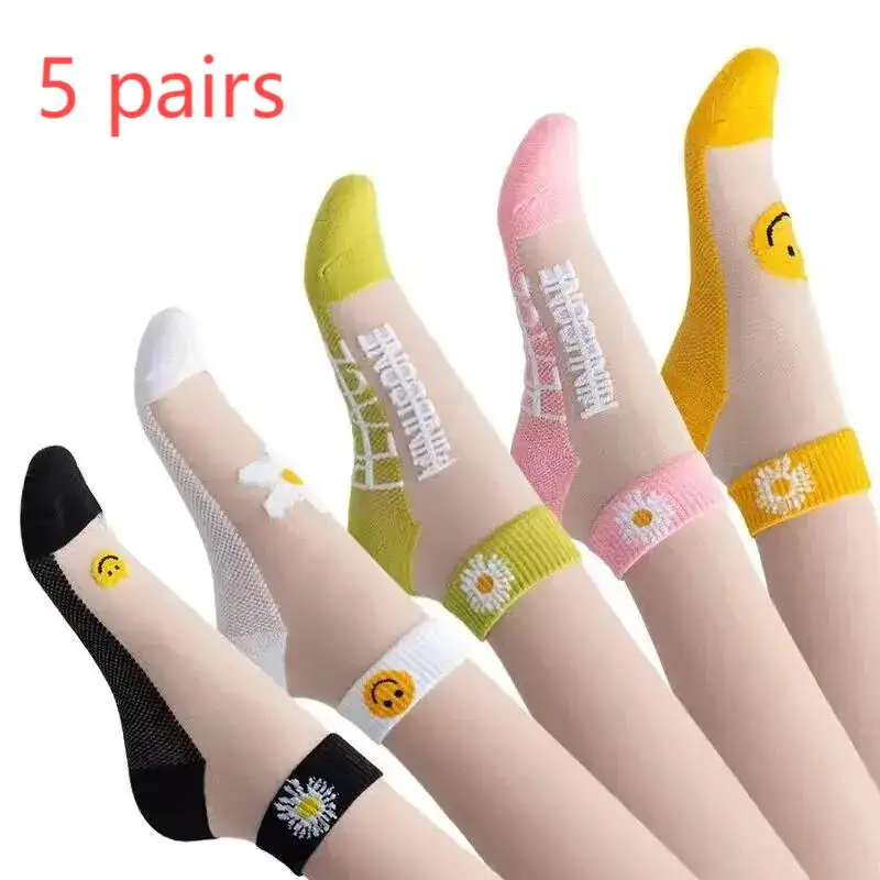 데이지 패턴 양말 5쌍, 부드럽고 가벼운 메쉬 짧은 양말, 여성용 스타킹 및 양말