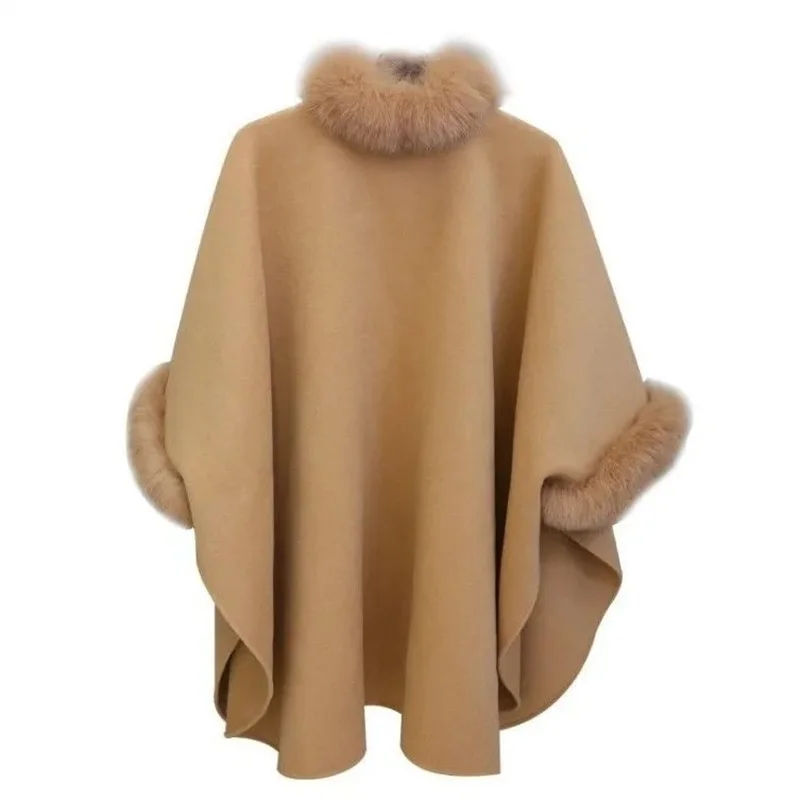 Hepburn Wind Woolen Women's Autumn Winter Mid length Thickened Woolen Coat Imitation Rabbit Hair Collar Women's Clothing Cloak C