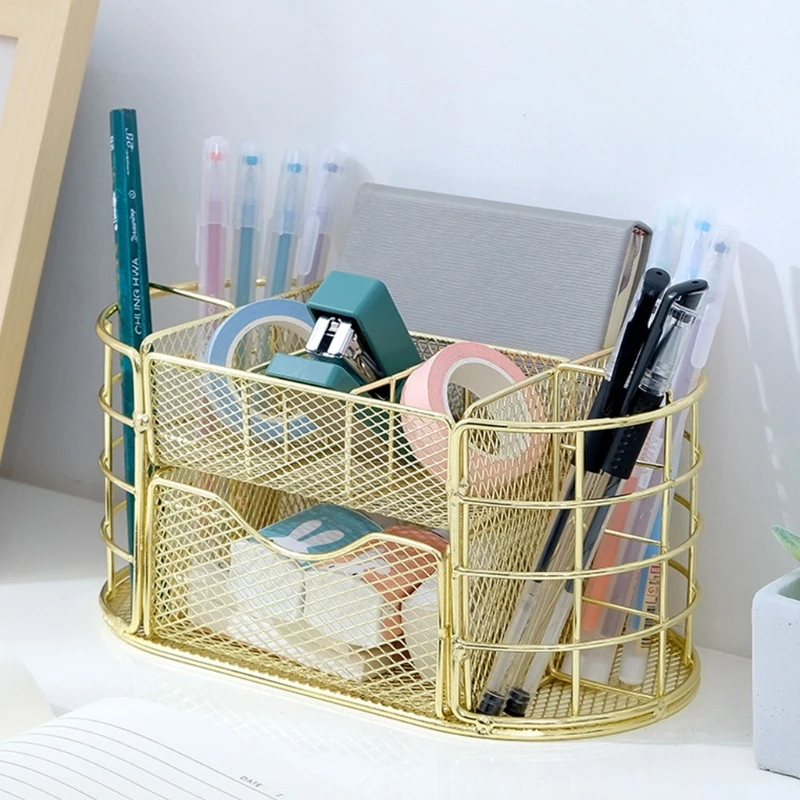 Gold Desk Organizer, AUPSEN Mesh Office Supplies Desk Accessories, Features  5 Compartments + 1 Mini Sliding Drawer