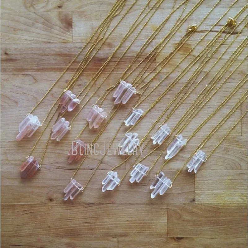 Interchangeable Rough Mineral Strawberry Quartzs Spike Pendant Clear Crystal Point Layering Talisman Necklace Women Boho Jewelry