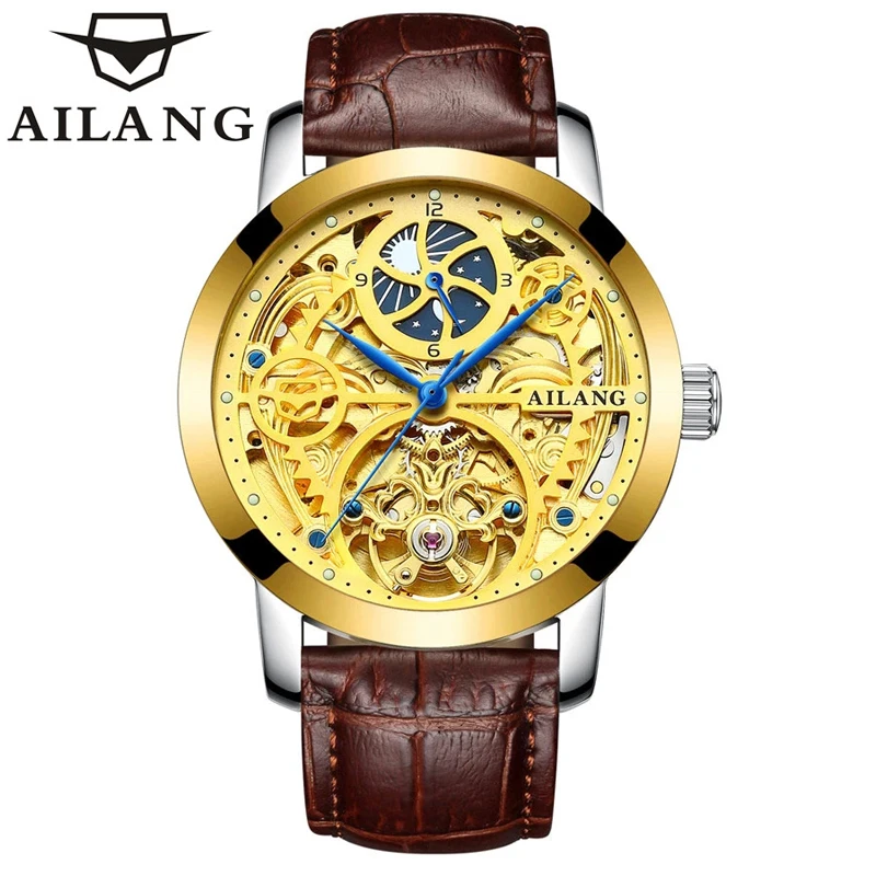 

AILANG Brand Luxury Gold Tourbillon Mechanical Watch Men Leather Waterproof Fashion Skeleton Steampunk Watches Relogio Masculino