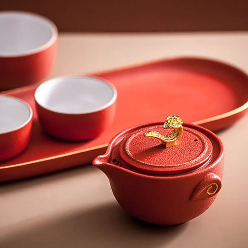Portable Travel Red Chinese Tea Set, Porcelain Ceramics Teapot and Cups, Gaiwan with Tray, Traditional Wedding Ceremony Set