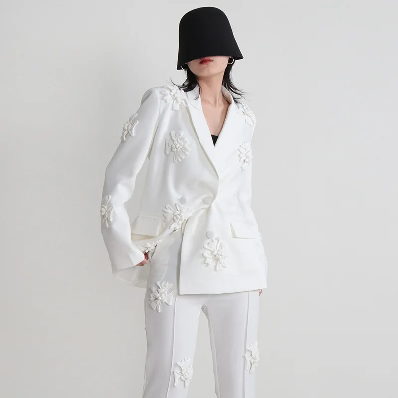 Fashion Streetwear Two Piece Set Autumn Floral Double Breasted Blazer Flare Pants Designer Suits Casual Luxury Fall Tracksuit