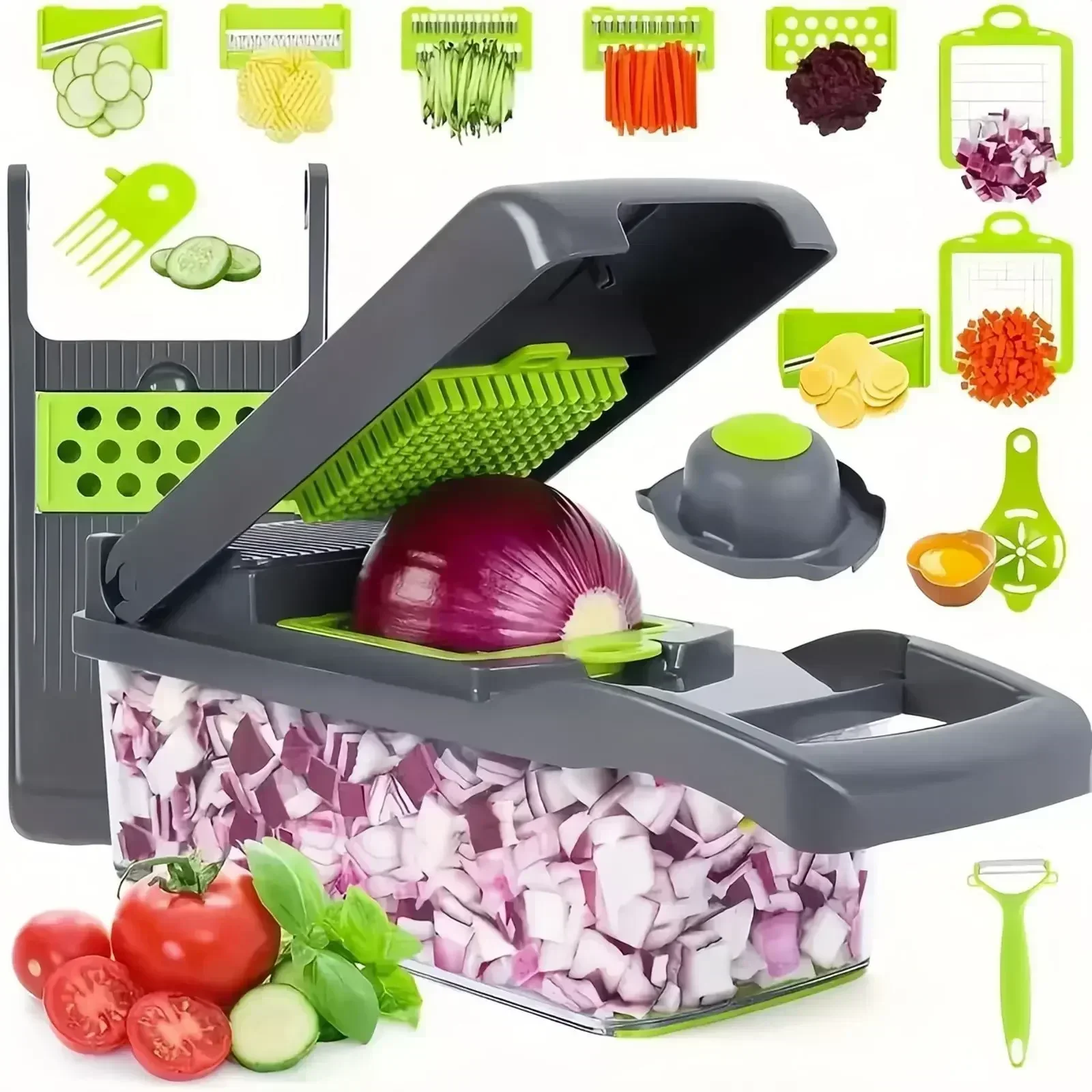 Description Picture 3 of itemMultifunctional Vegetable Chopper 14/16 in 1 Slicer Shredder with Basket Fruit Slicer Potato Shredder Carrot Grind Gadgets