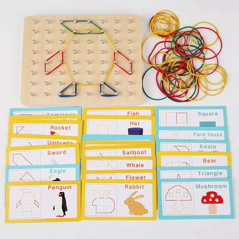 Wooden Puzzle Toys Geometric Shape Rubber Band Nailboard Game Kids Montessori Educational Creative Toy Fine Motor Training 2