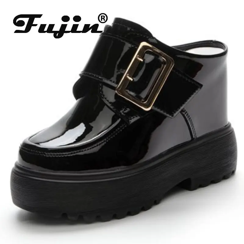 

Fujin/11 см; Тапочки на танкетке из натуральной лакированной кожи; Женская обувь на танкетке на платформе; Летние мокасины на очень высоком каблуке; Дизайнерские ботинки