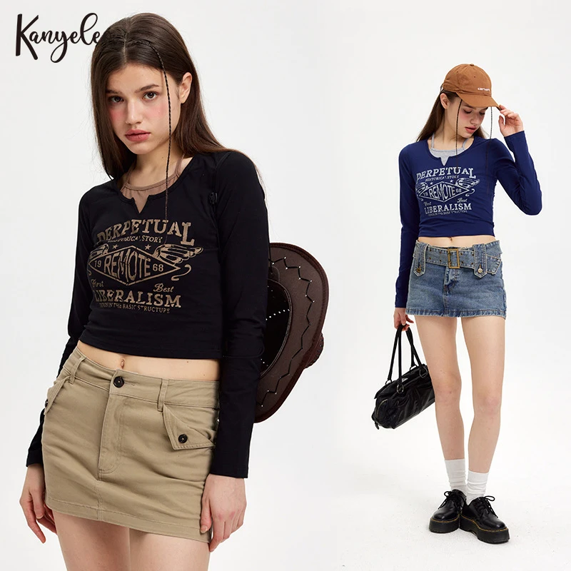 

KANYELEO 2023 Early Spring New Fake Two Piece Long Sleeve Top Tie Hanging Neck Niche Short T-Shirt tops