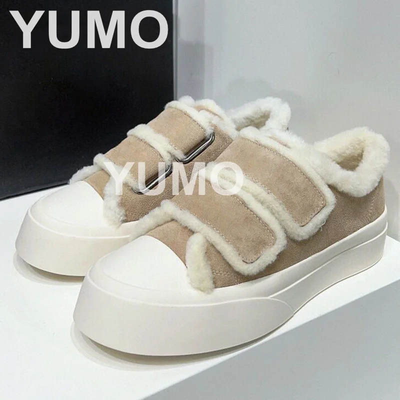 

High Quality Women Round Toe Thick Sole Suede Leather Casual Shoes Platform Fur Inside Fashion Winter Magic Tape Runway Shoes