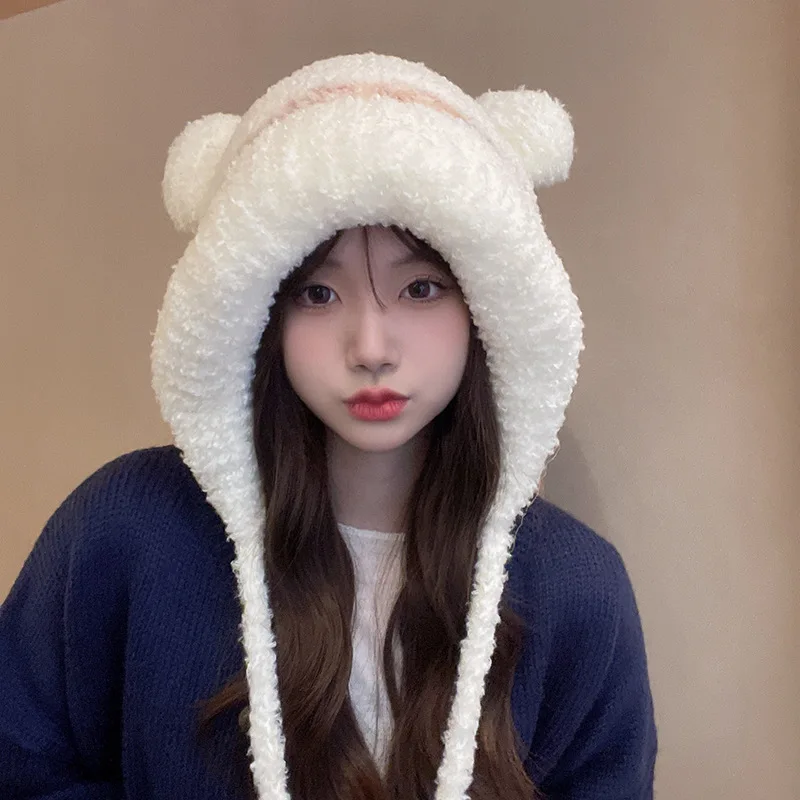 

Fashion Winter Cute Bear Ears Beanies For Women Windproof Warm Knitted Hat Lady Outdoor Tied Bonnet Pink Beanie gorros invierno