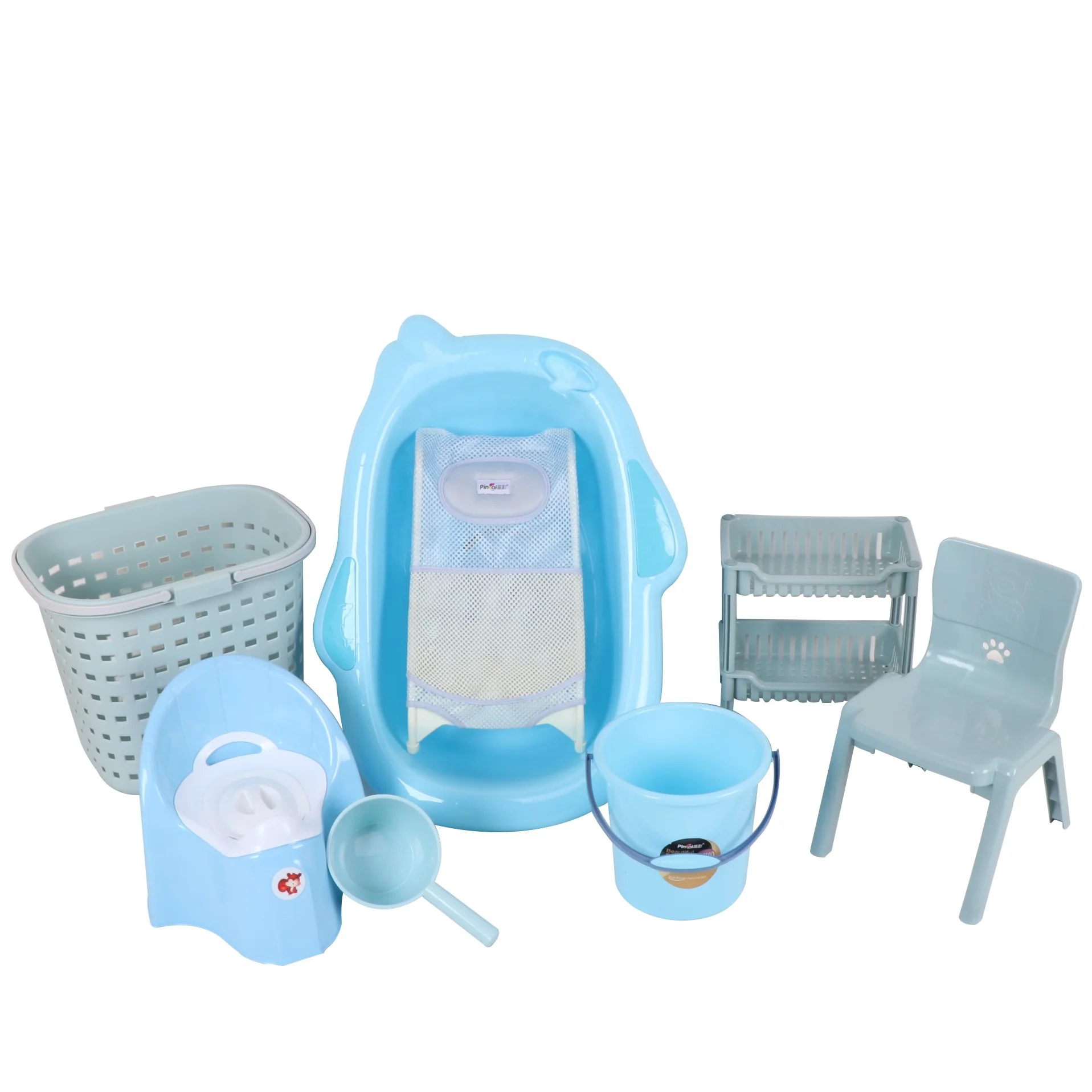 

Factory Direct Sale Plastic Baby Bath Tub Set With Potty Scoop Bucket Shelf Chair Laundry Basket