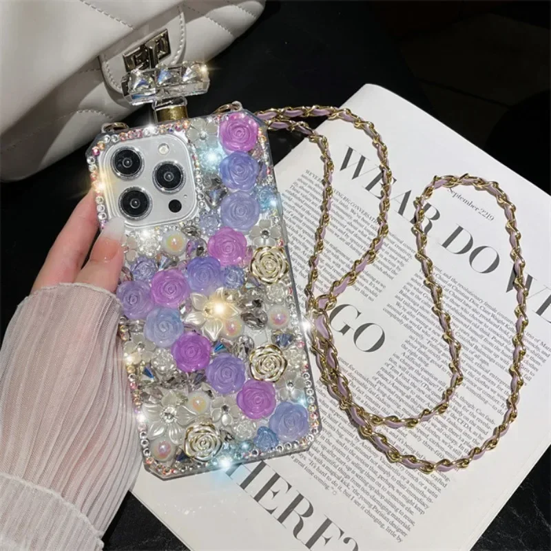 Luxury Bling Rose Flowers Crossbody Diamond Phone Cover For iphone 15Pro 14Plus 13 Pro 12 Mini 11Pro MAX XSMAX XR 7 8 PLUS Case