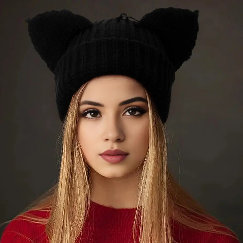 Devil Ear Design Beanie Acrylic Fabric Hat Warm Stylish Women's Winter Hat with Demon Ear Design Thick for Cold for Outdoor