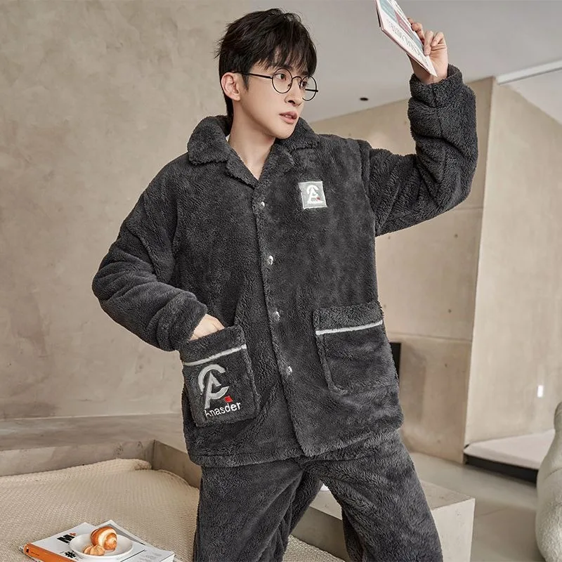 Men Pajamas Winter Coral Velvet Sleepwear Set Youth Plus Padded Warm Cotton Jacket Loungewear Outfit Young Students Home Clothes