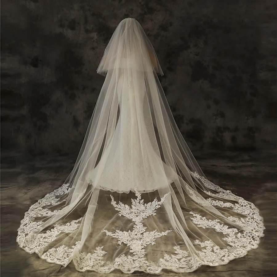 

New Arrival Two Layer Cathedral Wedding veils Lace Appliqued Sexy Bridal veil Velos de novia Bride Wedding accessories mariage