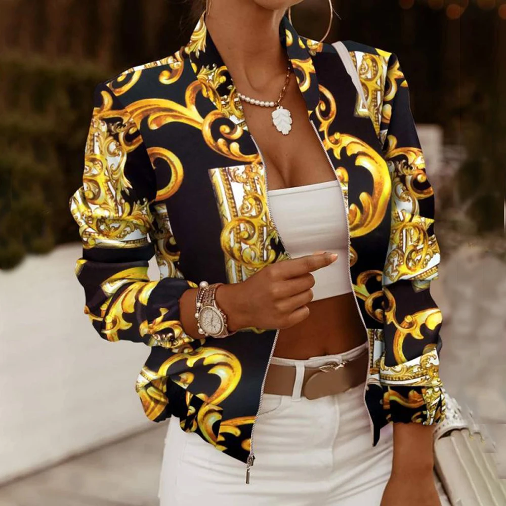 

Spring Autumn Casual Thin Jacket Vintage Print Tops Women Fashion Long Sleeve Slim Zipper Ladies Jackets Coat Woman Veste Femme