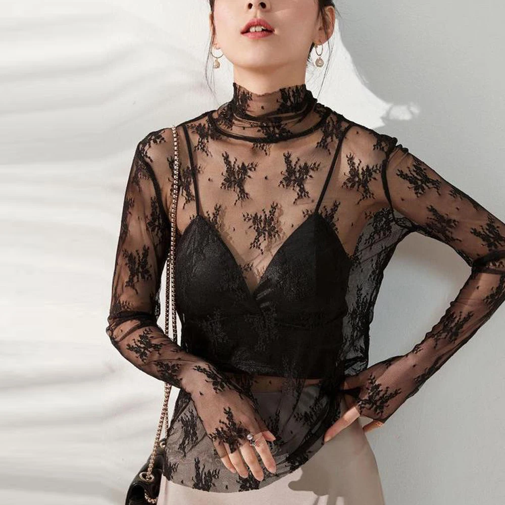 Блузка женская прозрачная с длинным рукавом, базовый топ с воротником-стойкой, однотонная кружевная с цветочной вышивкой, 2XL