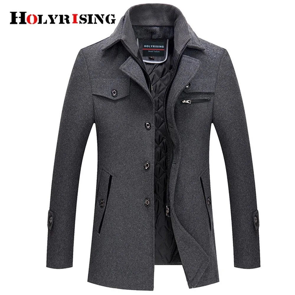 Holyrising Men Wool Jackets Zipper Turn Collar Windproof Pea Coat Soft Stylish Natural Fit Blend Single Breasted Top 19278