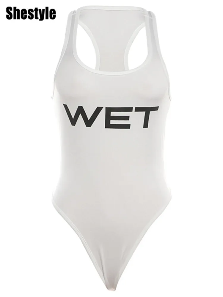 Shestyle Wet Letter Printed Sleeveless Bodysuit Women Thong White